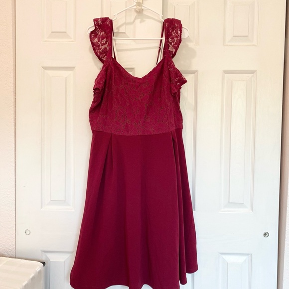 Wine Red A-Line Dress Lace Ruffle Sleeve, Women XL. - Picture 7 of 10